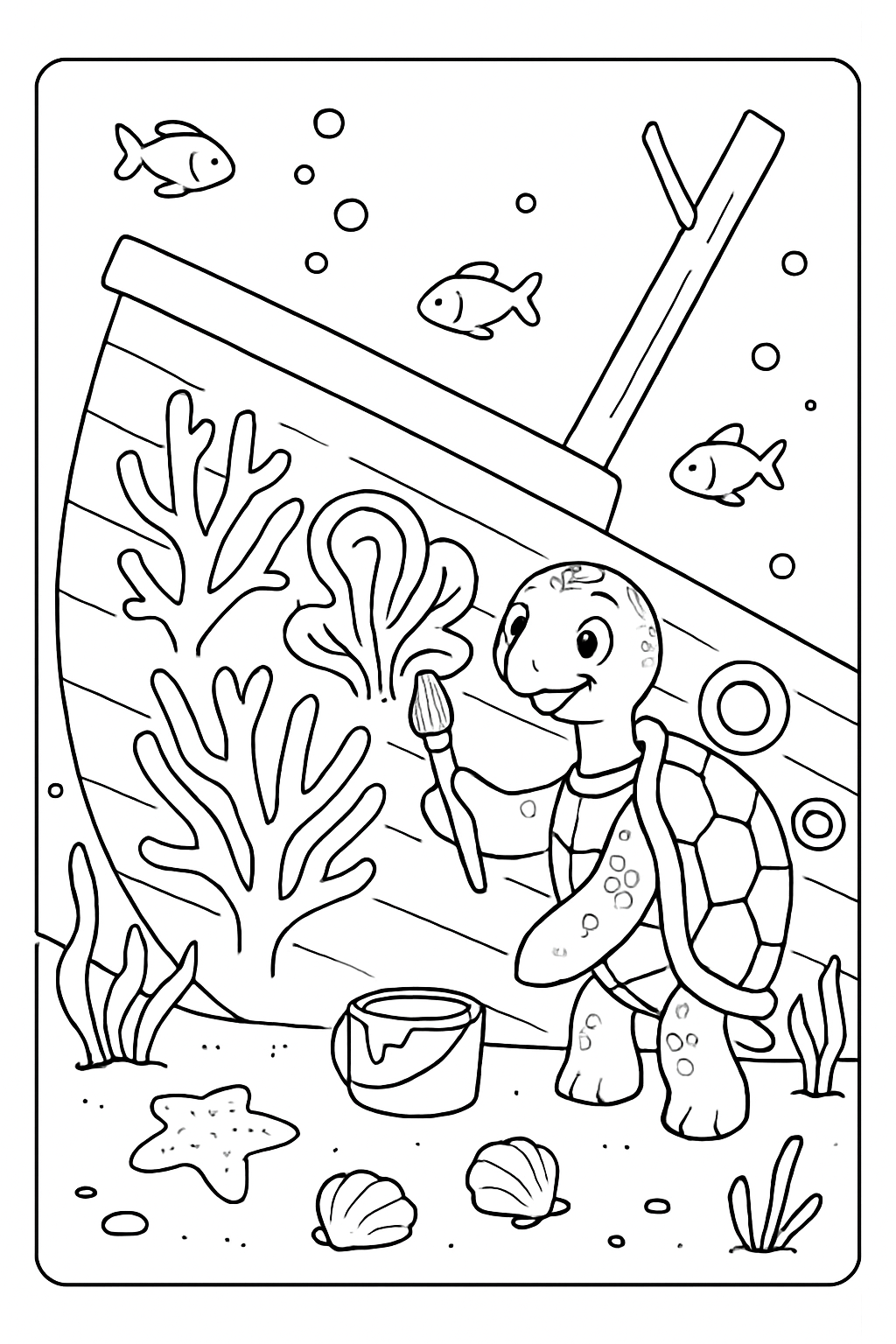 turtle painting coral murals on a shipwreck
