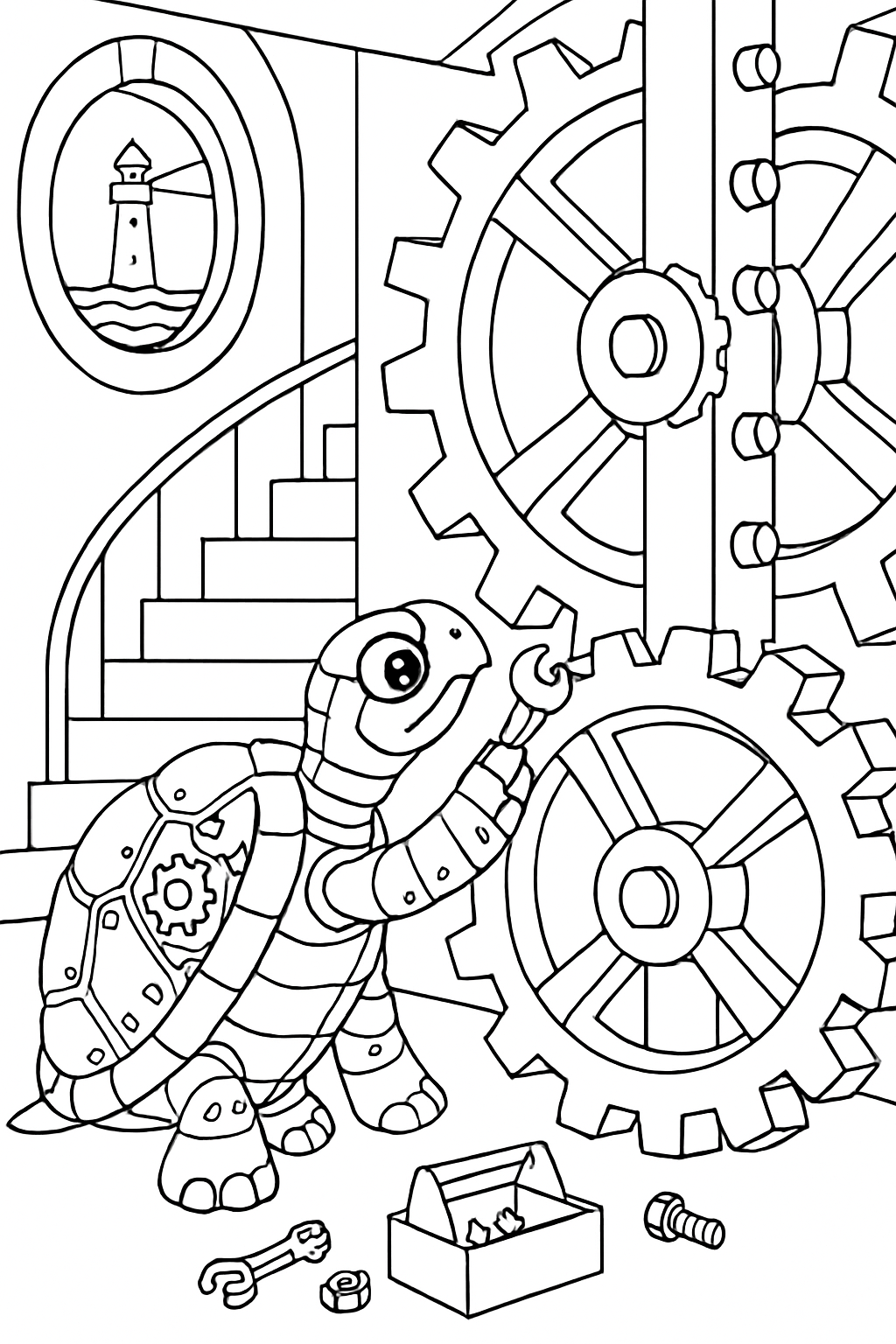 clockwork turtle repairing a lighthouse's giant gears