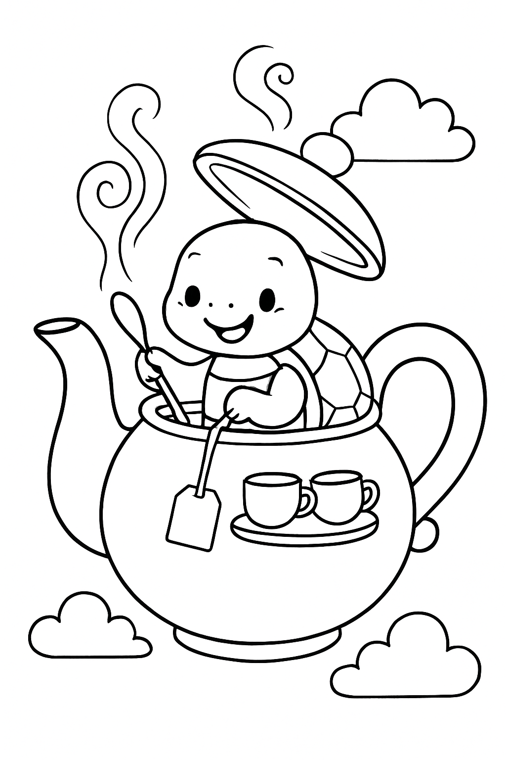 turtle brewing tea inside a floating teapot