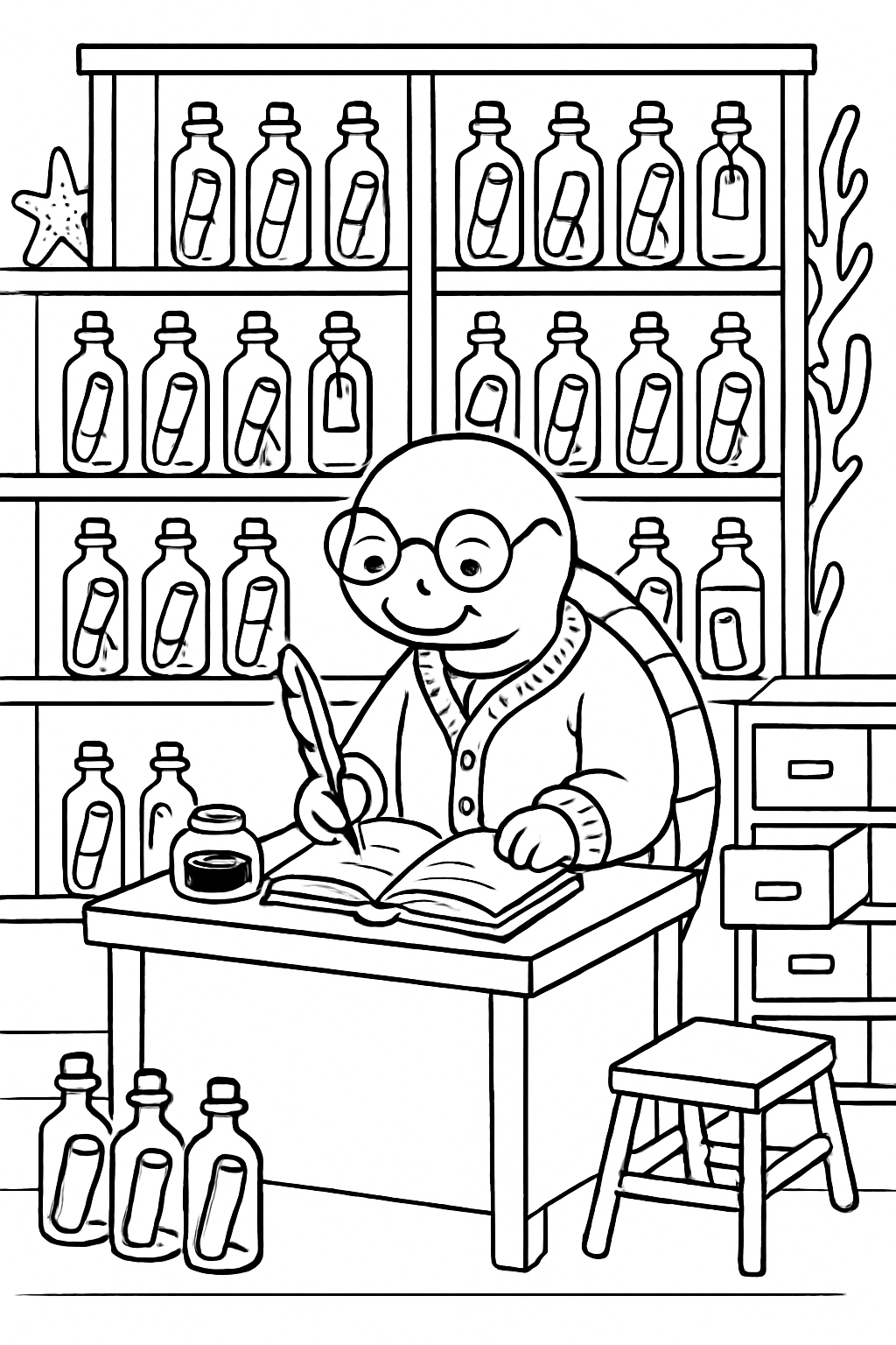turtle librarian cataloging messages in drift bottles