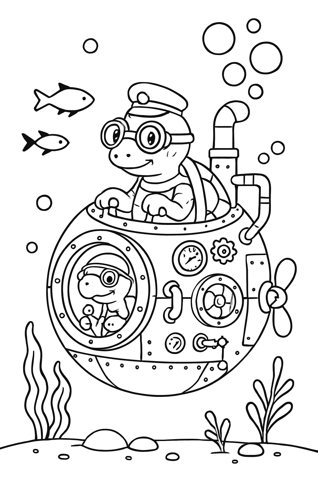 steampunk turtle piloting a bubble-powered bathysphere