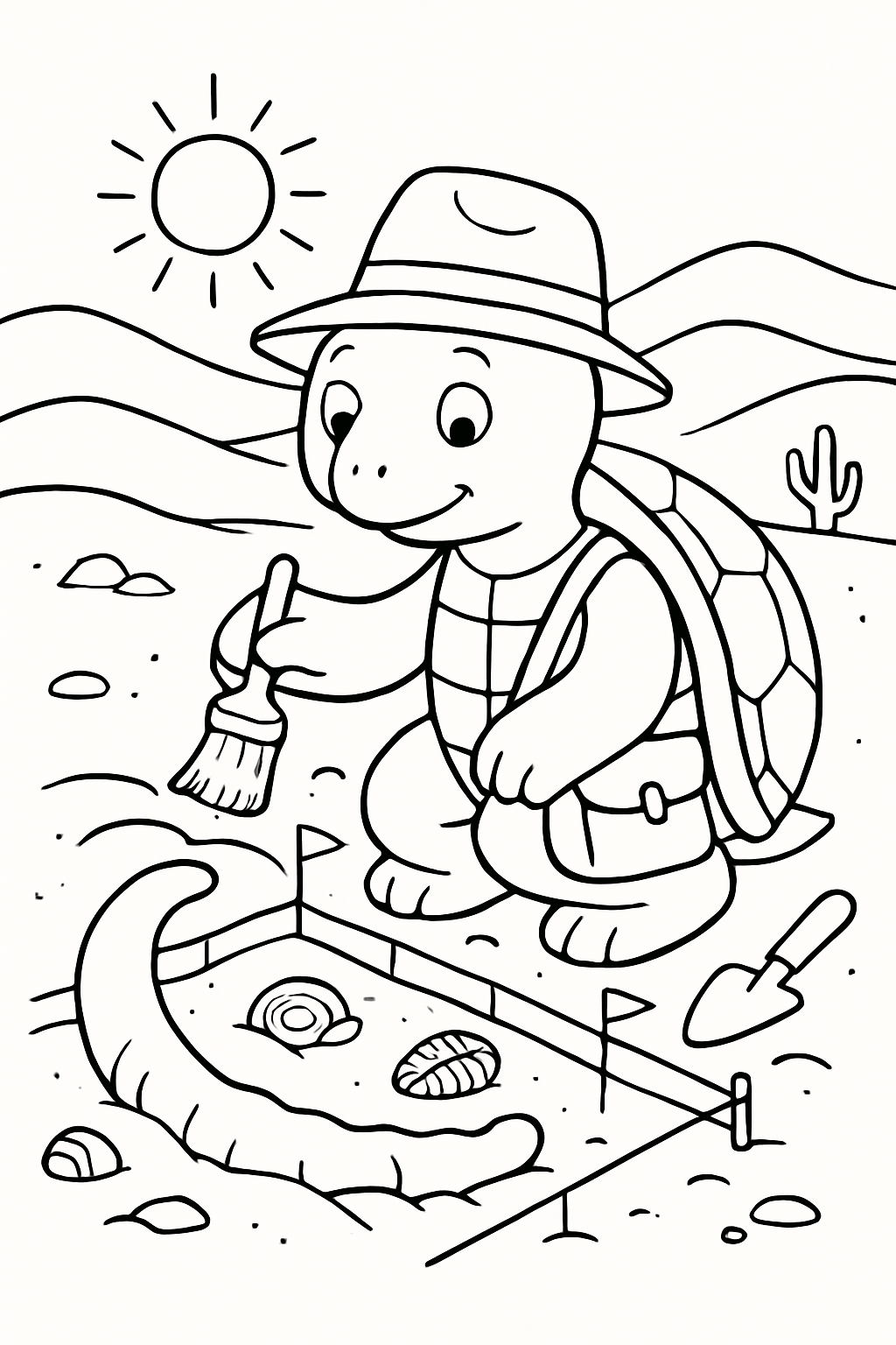 turtle archaeologist brushing fossils in desert dunes