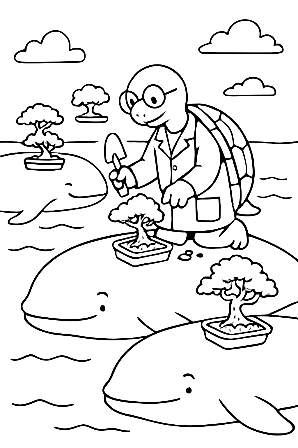 turtle botanist planting miniature bonsai on whale backs