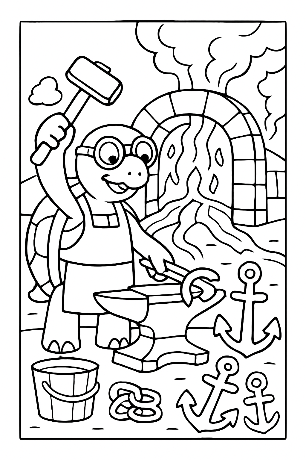 turtle blacksmith forging anchors in volcanic forge