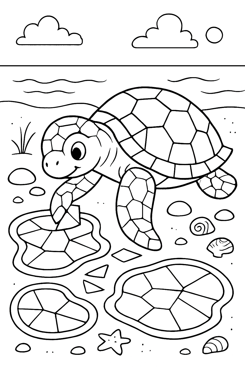 mosaic-shelled turtle assembling stained-glass tidepools seaside