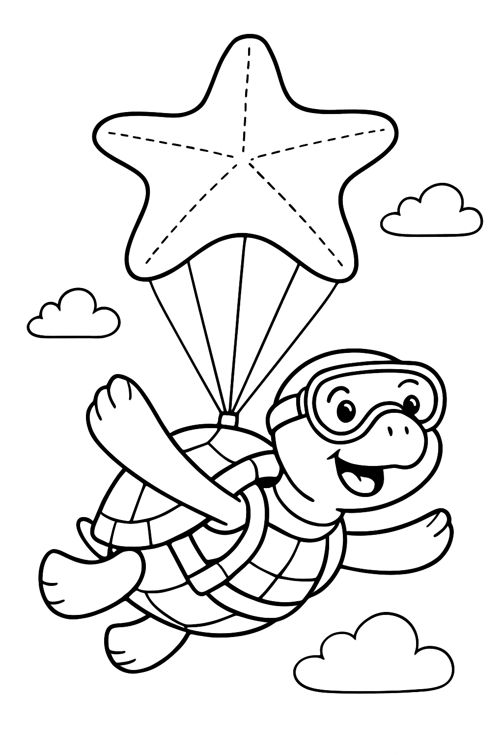 skydiving turtle unfurling parachute shaped like starfish