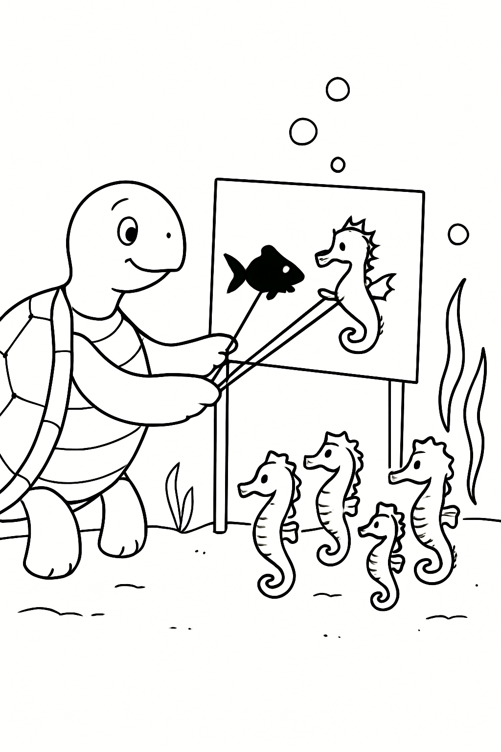 turtle puppeteer performing shadow play for seahorses