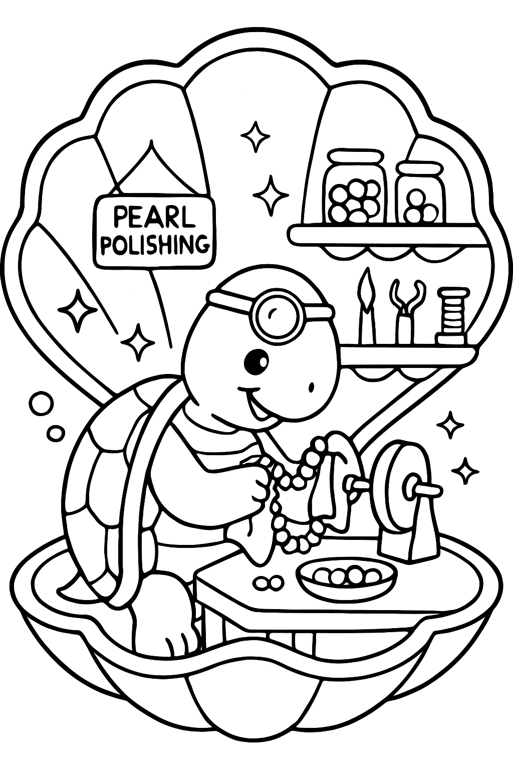 turtle jeweler polishing pearls inside clamshell workshop