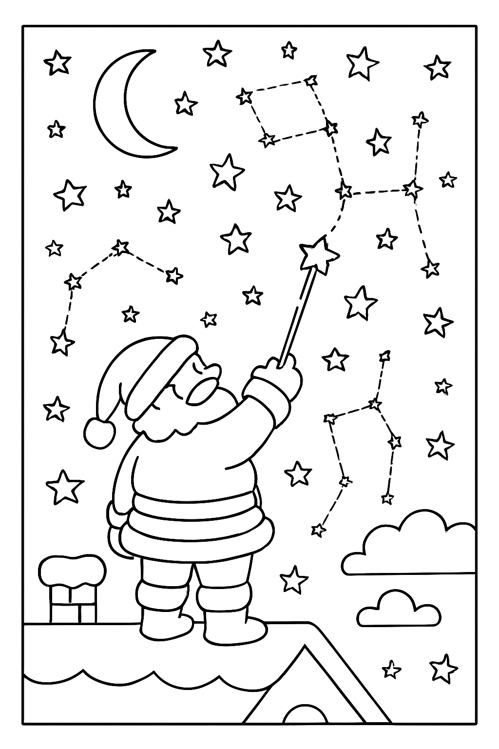 santa sketching constellations across midnight sky