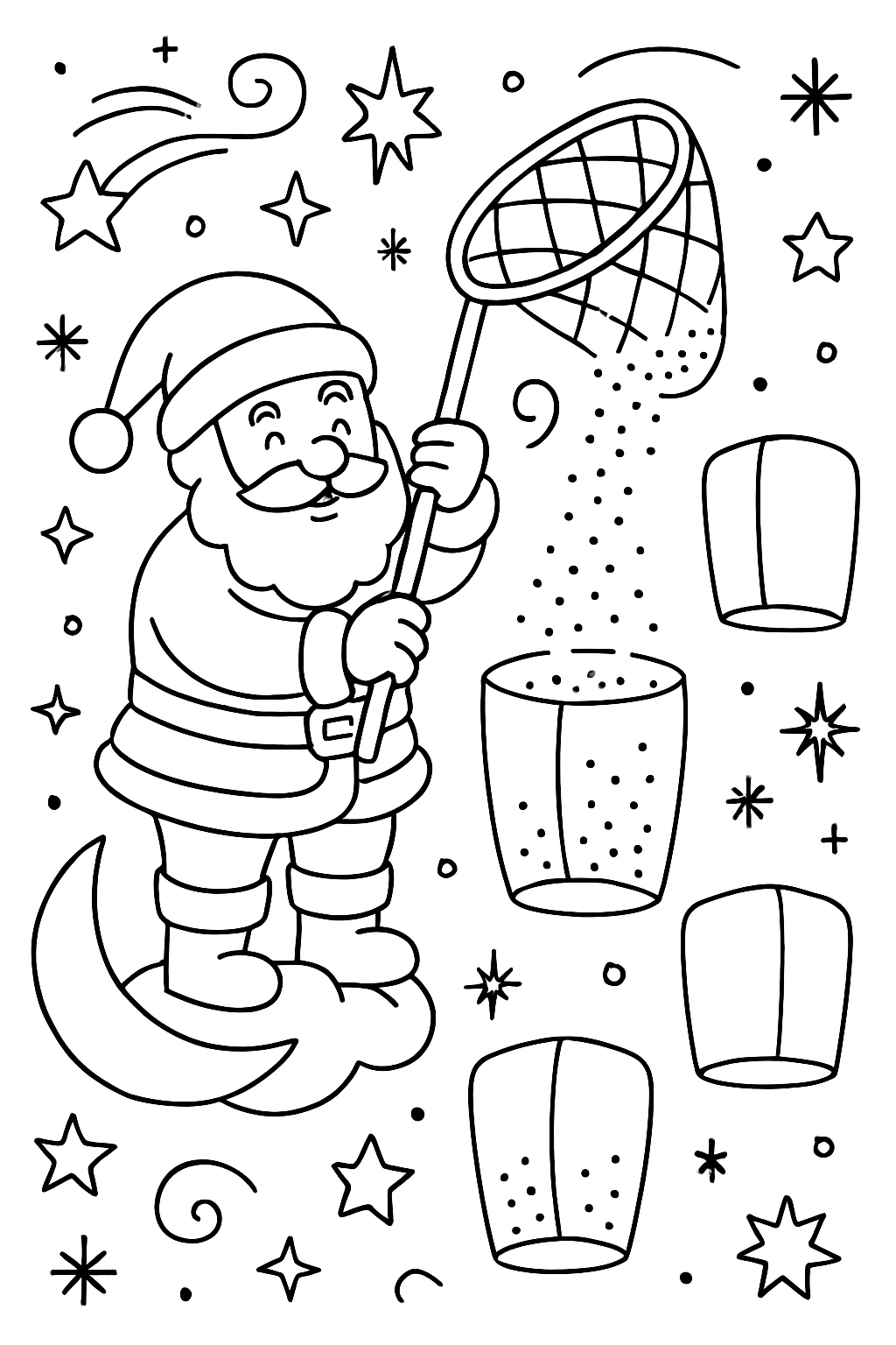 santa harvesting stardust in floating lanterns