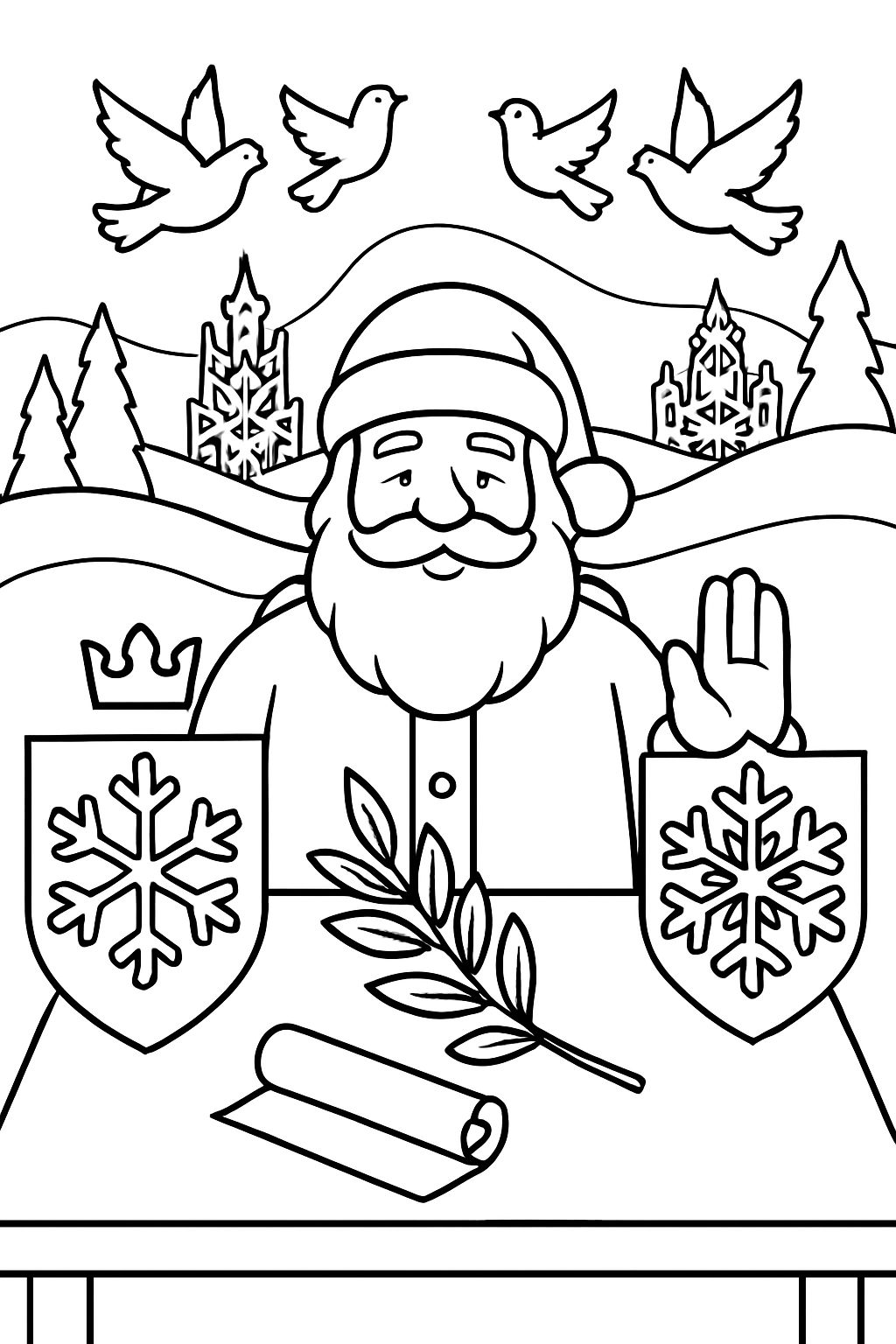 santa negotiating peace between snowflake kingdoms