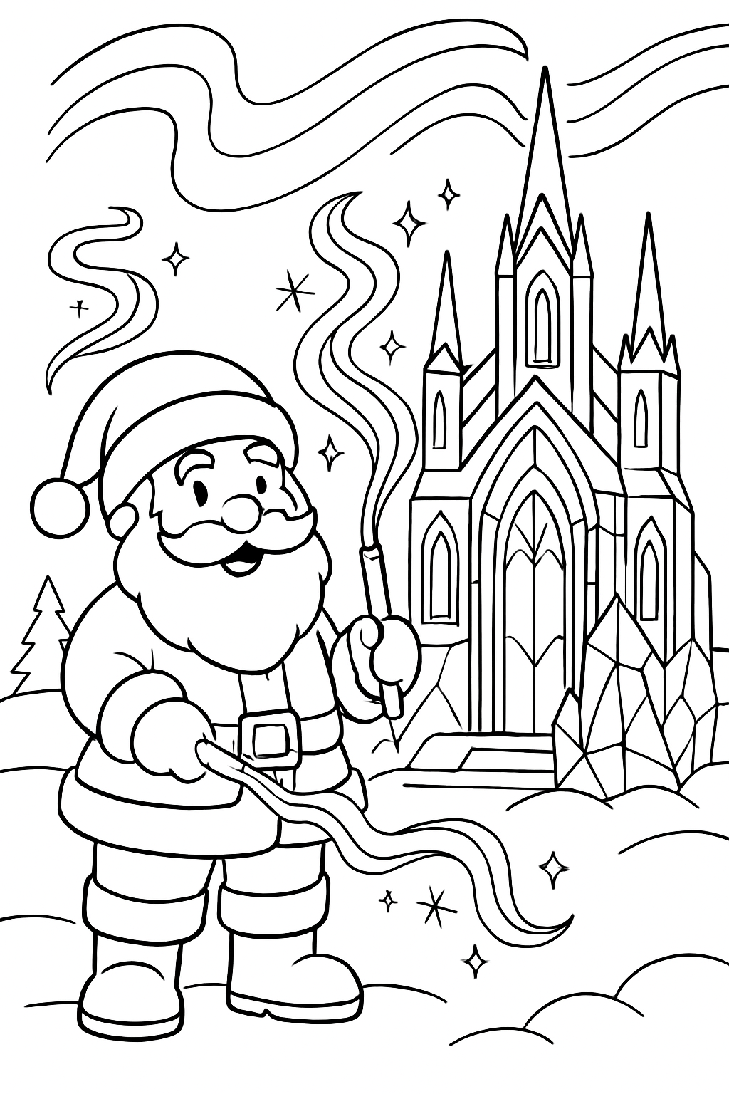 santa carving ice cathedral with aurora chisels