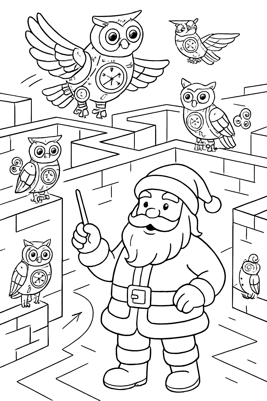 santa commanding clockwork owls through labyrinth