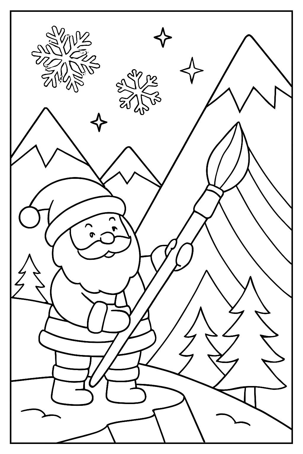 santa painting mountain shadows with giant brush