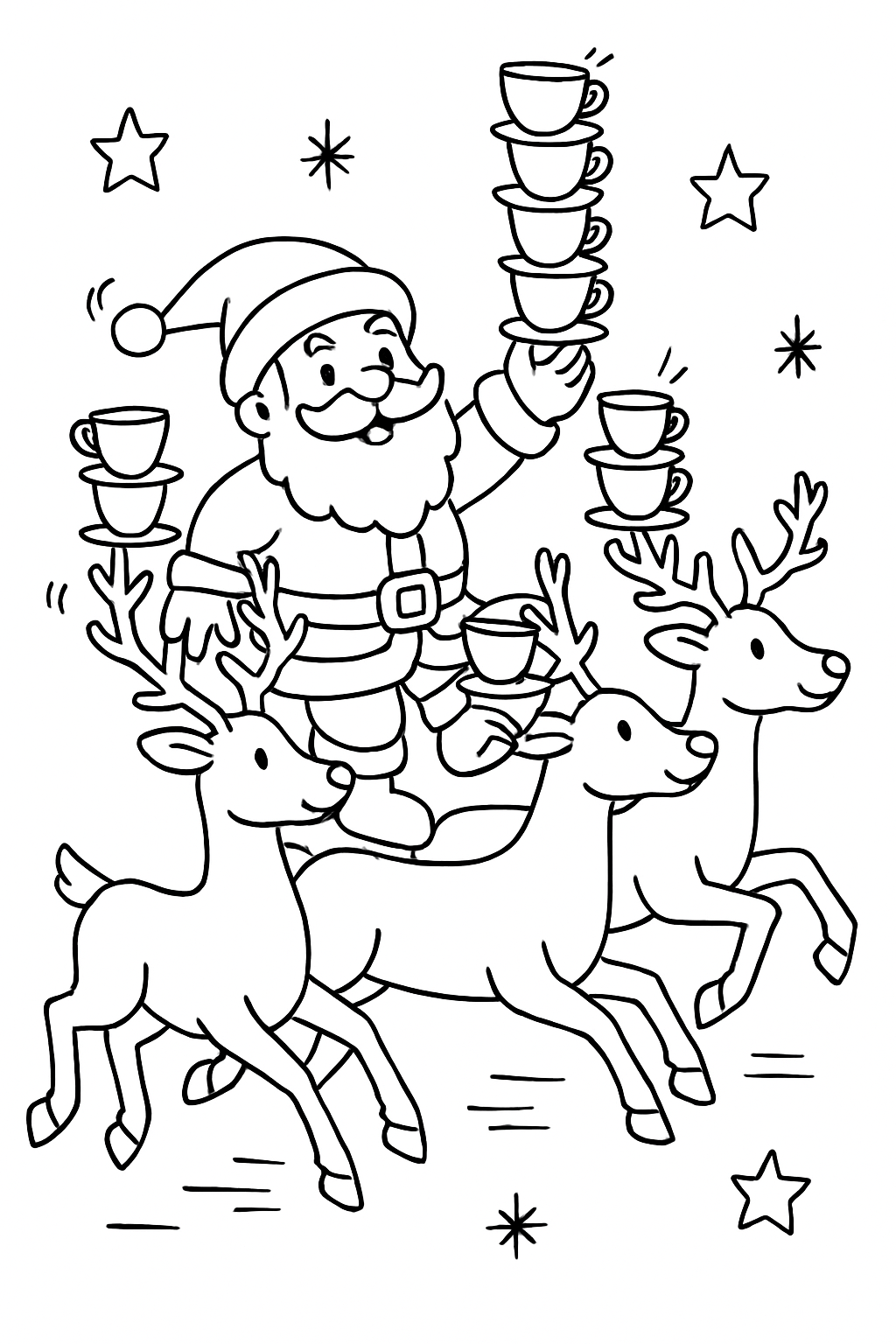 santa balancing teacups on galloping reindeer