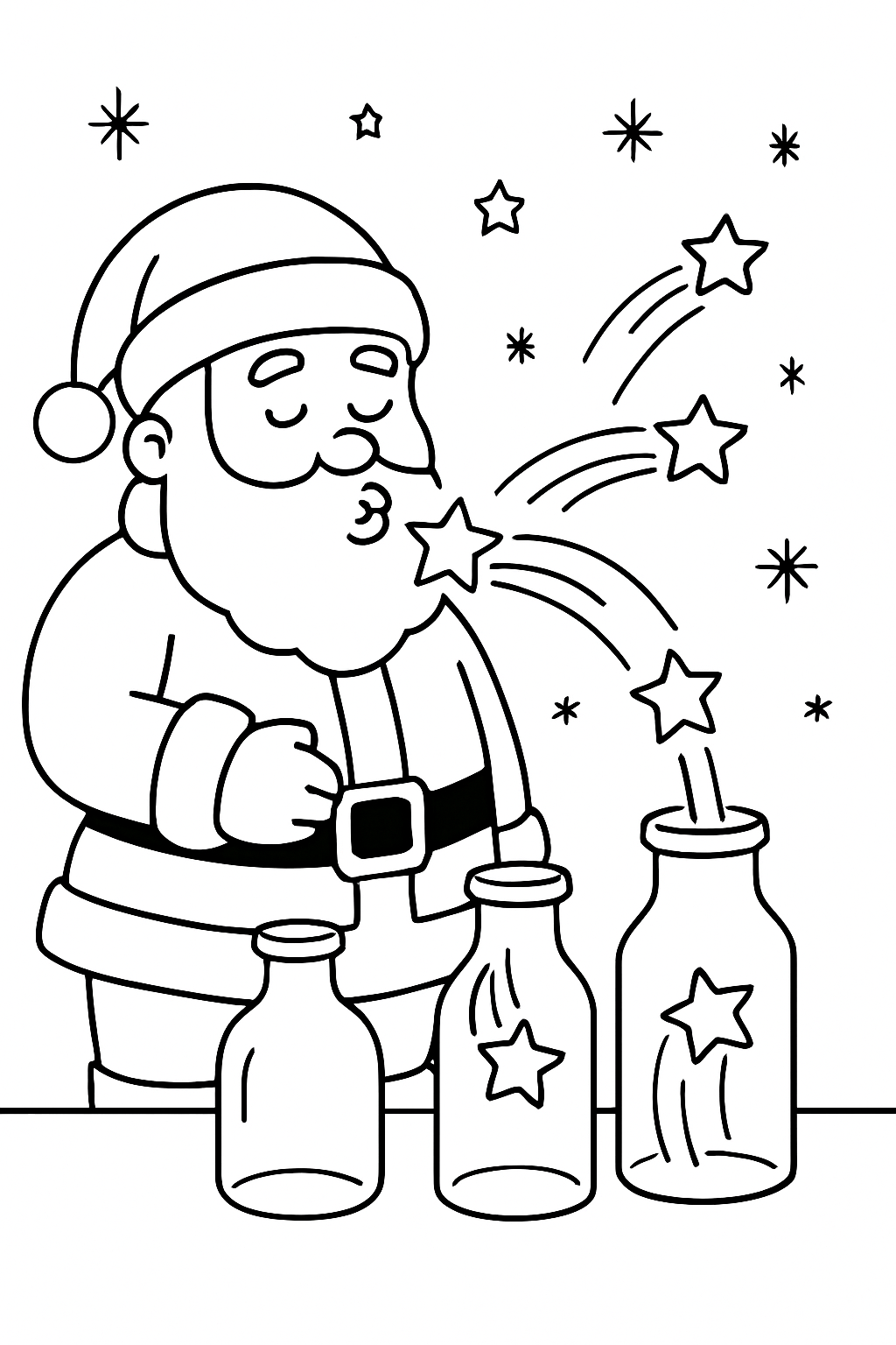 santa whistling comets into glass bottles