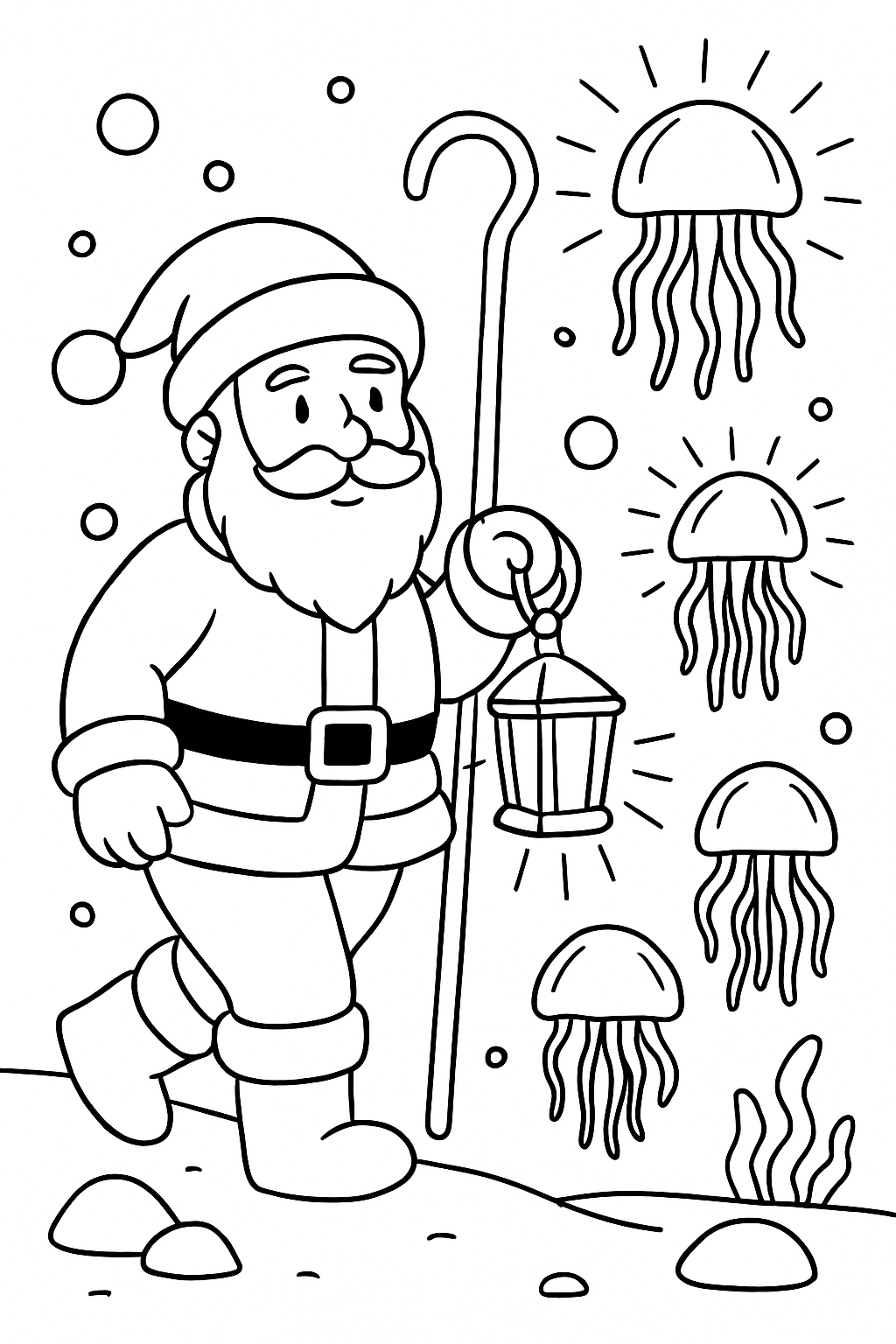 santa herding bioluminescent jellyfish with lantern