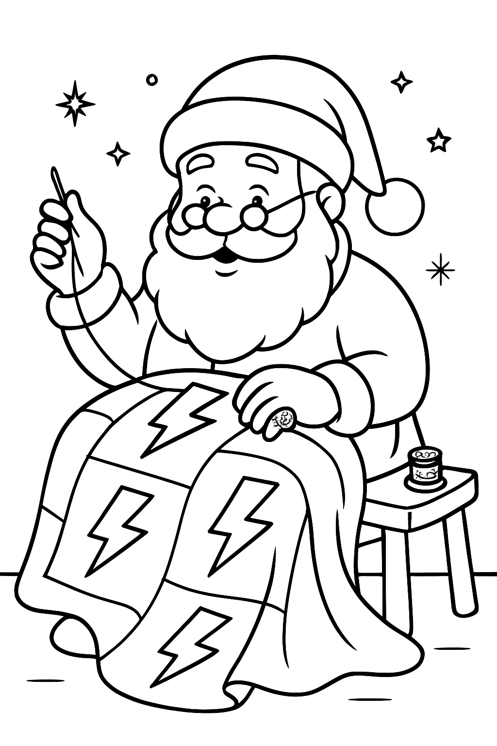 santa stitching lightning bolts into quilt