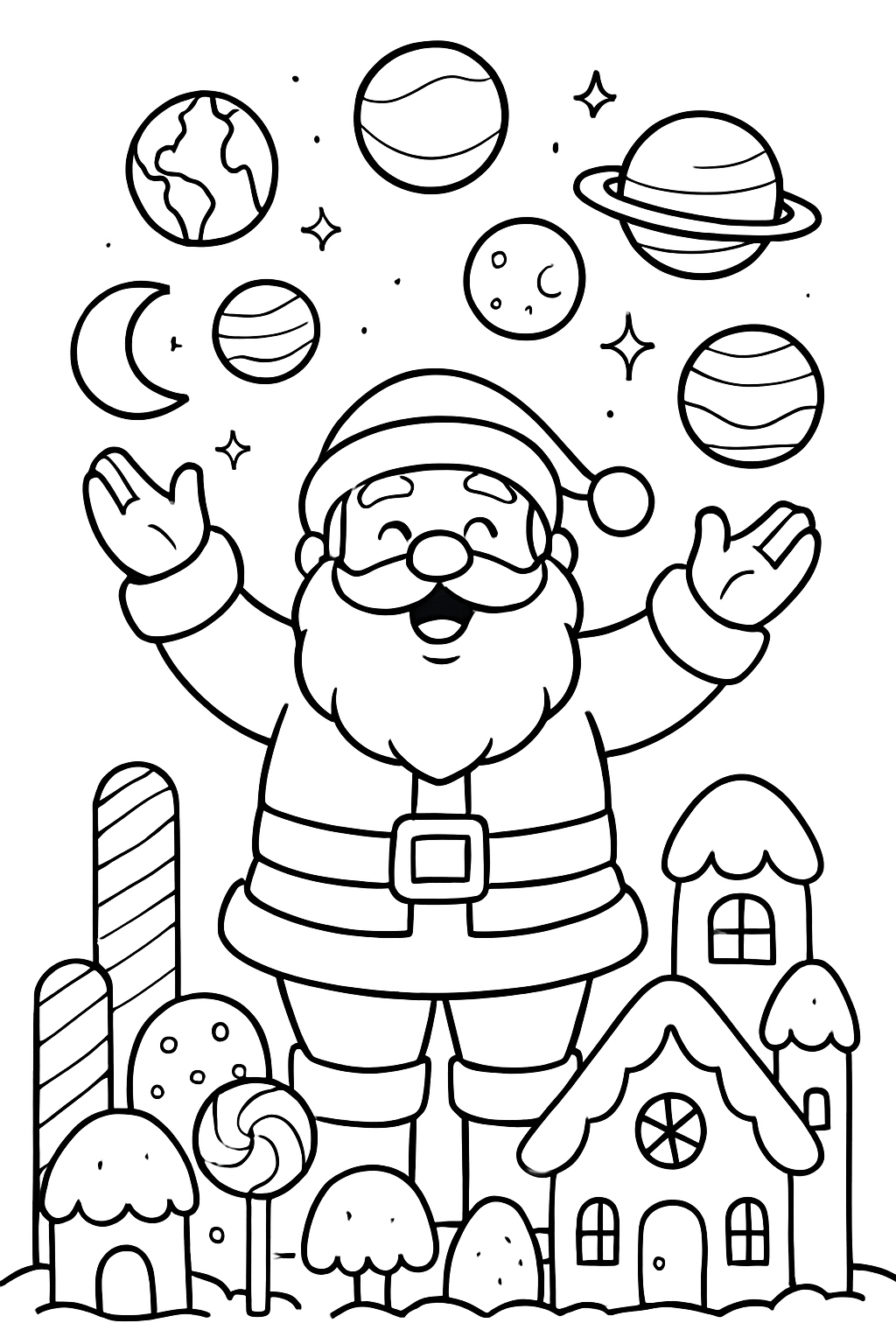 santa juggling planets above candy skyline