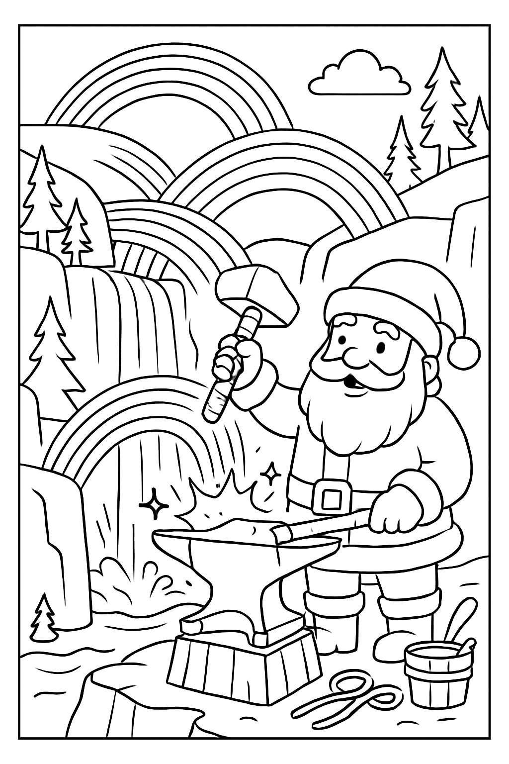 santa forging rainbow bridges over waterfall