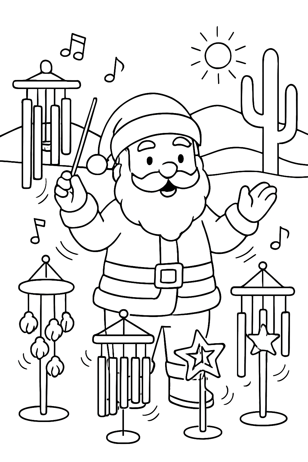 santa orchestrating wind chimes in desert