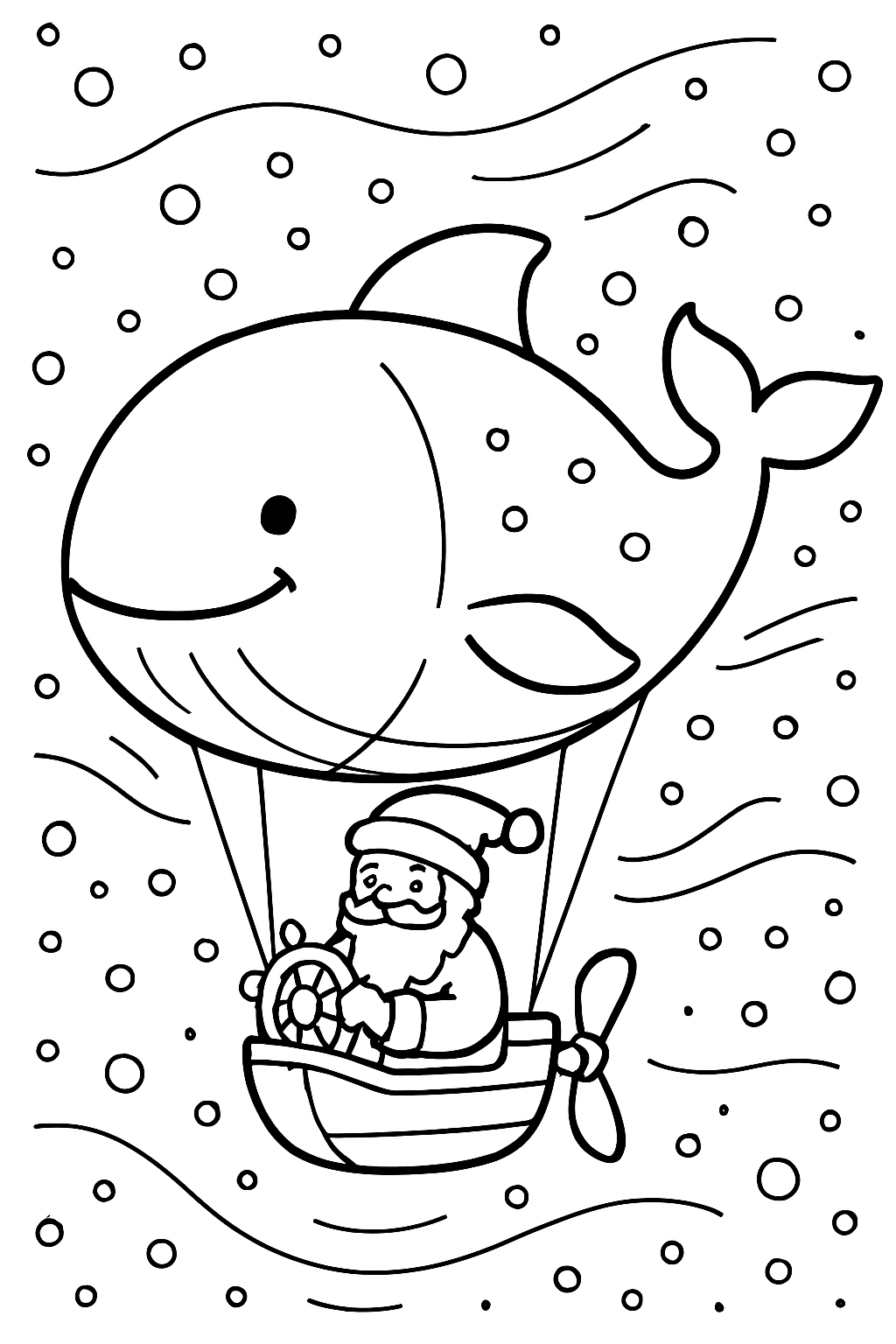 santa steering whale-shaped blimp through blizzard