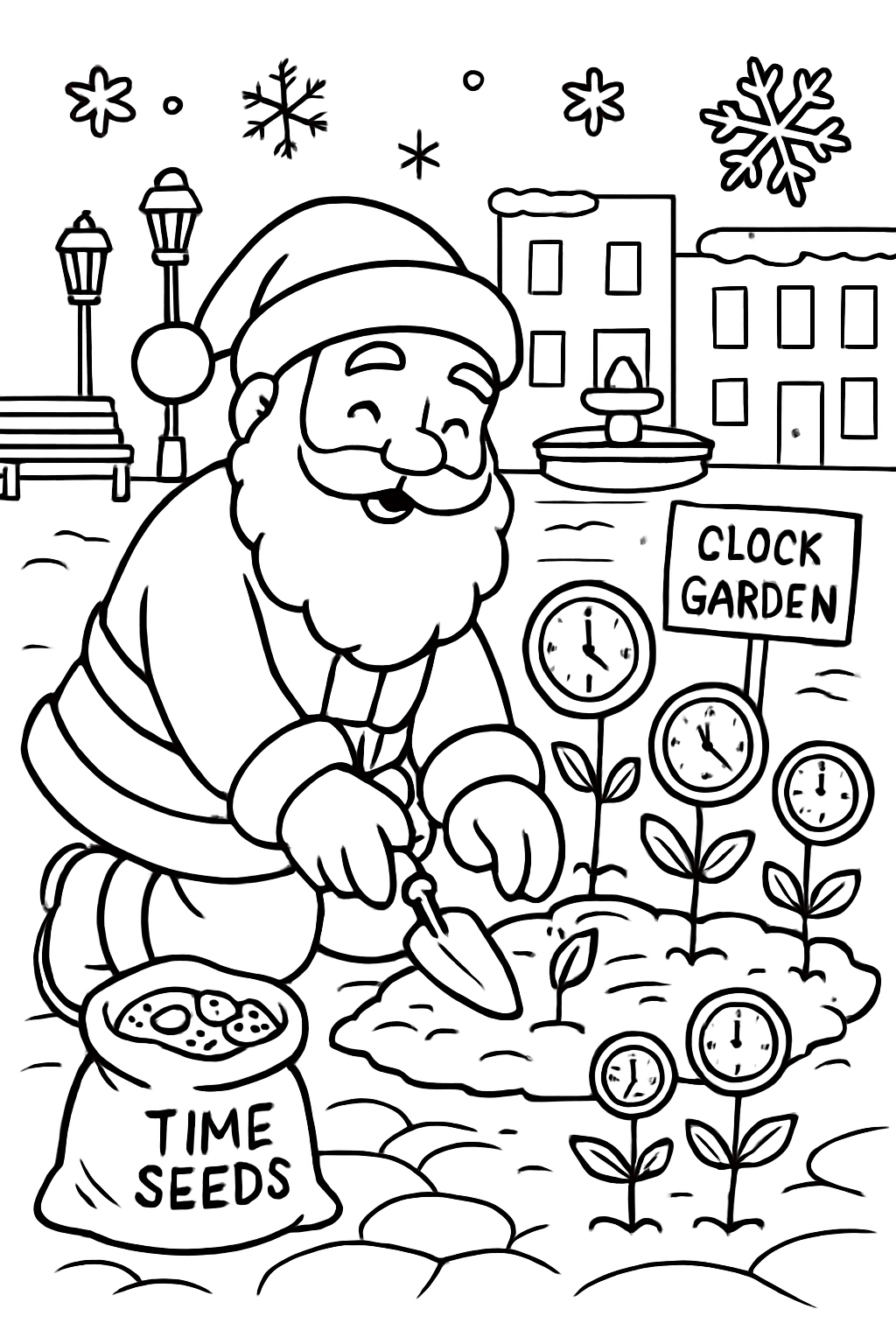 santa planting clock gardens in city square