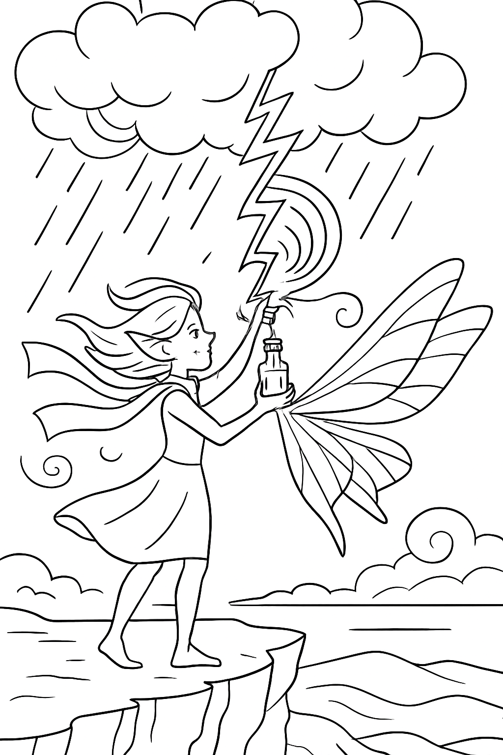 storm-chasing fairy bottling thunder on cliffside