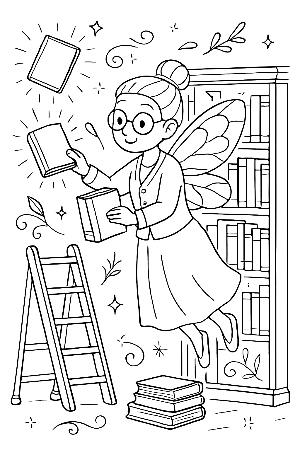 librarian fairy shelving floating glowing books