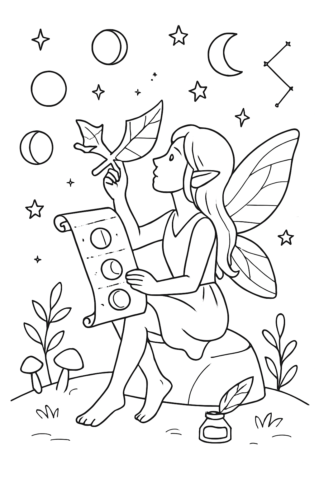 astronomer fairy charting moons with leaf sextant