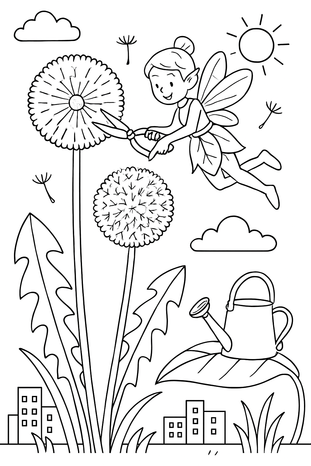 gardener fairy pruning skyscraper-sized dandelions