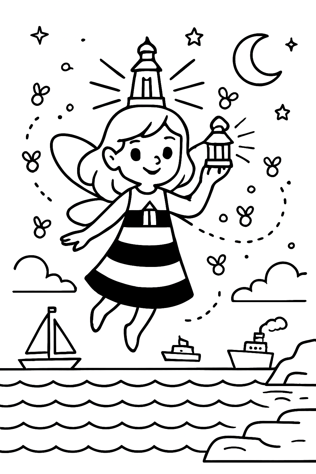 lighthouse fairy signaling ships with fireflies