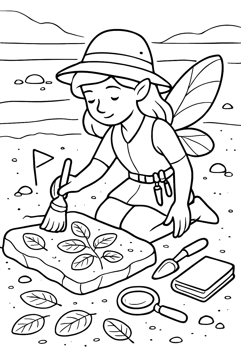 archaeologist fairy brushing petal-engraved fossil leaves