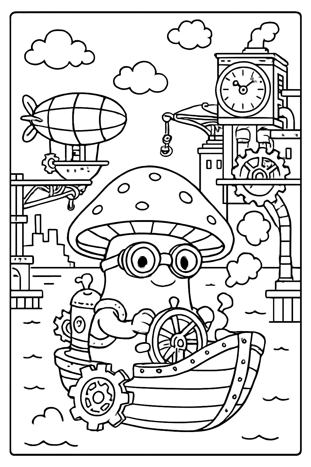 steampunk mushroom navigating clockwork airship harbor