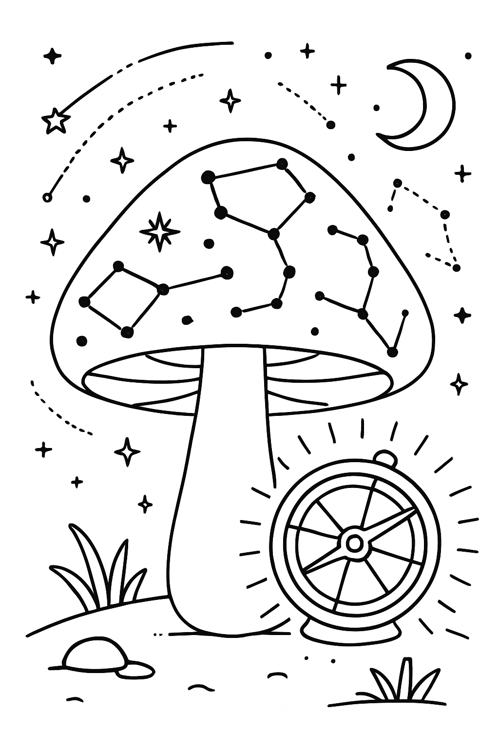 celestial mushroom mapping constellations with glowing astrolabe