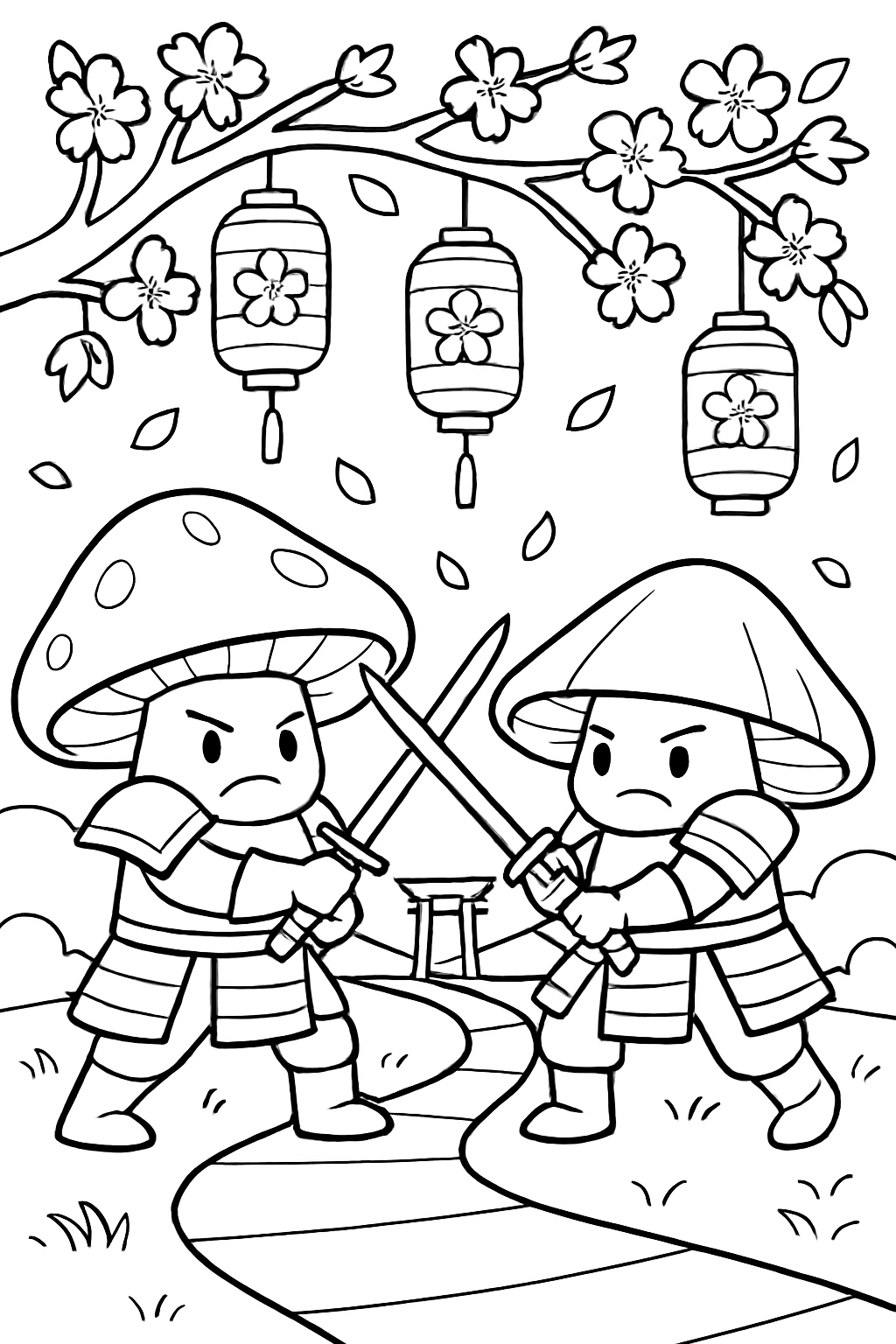 samurai mushroom dueling beneath cherry blossom lanterns