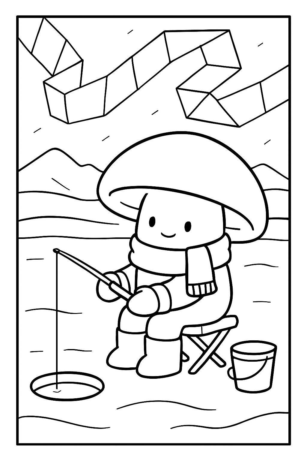 arctic mushroom ice-fishing beside crystal aurora