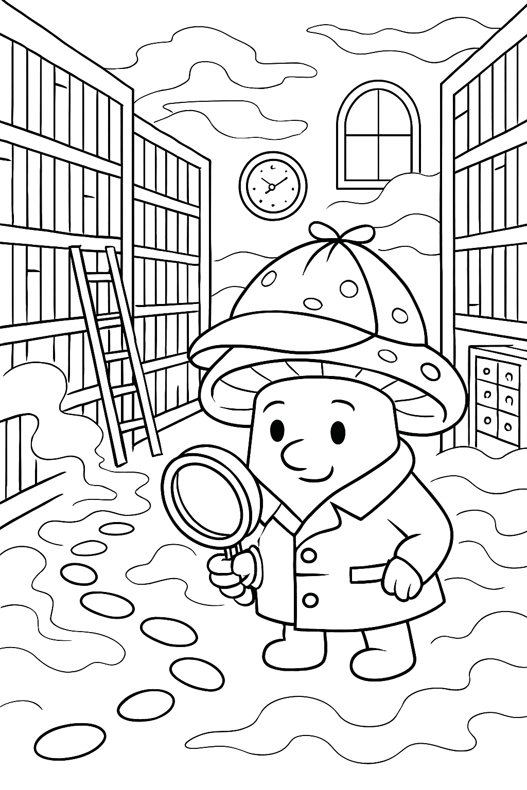 detective mushroom examining footprints in foggy library