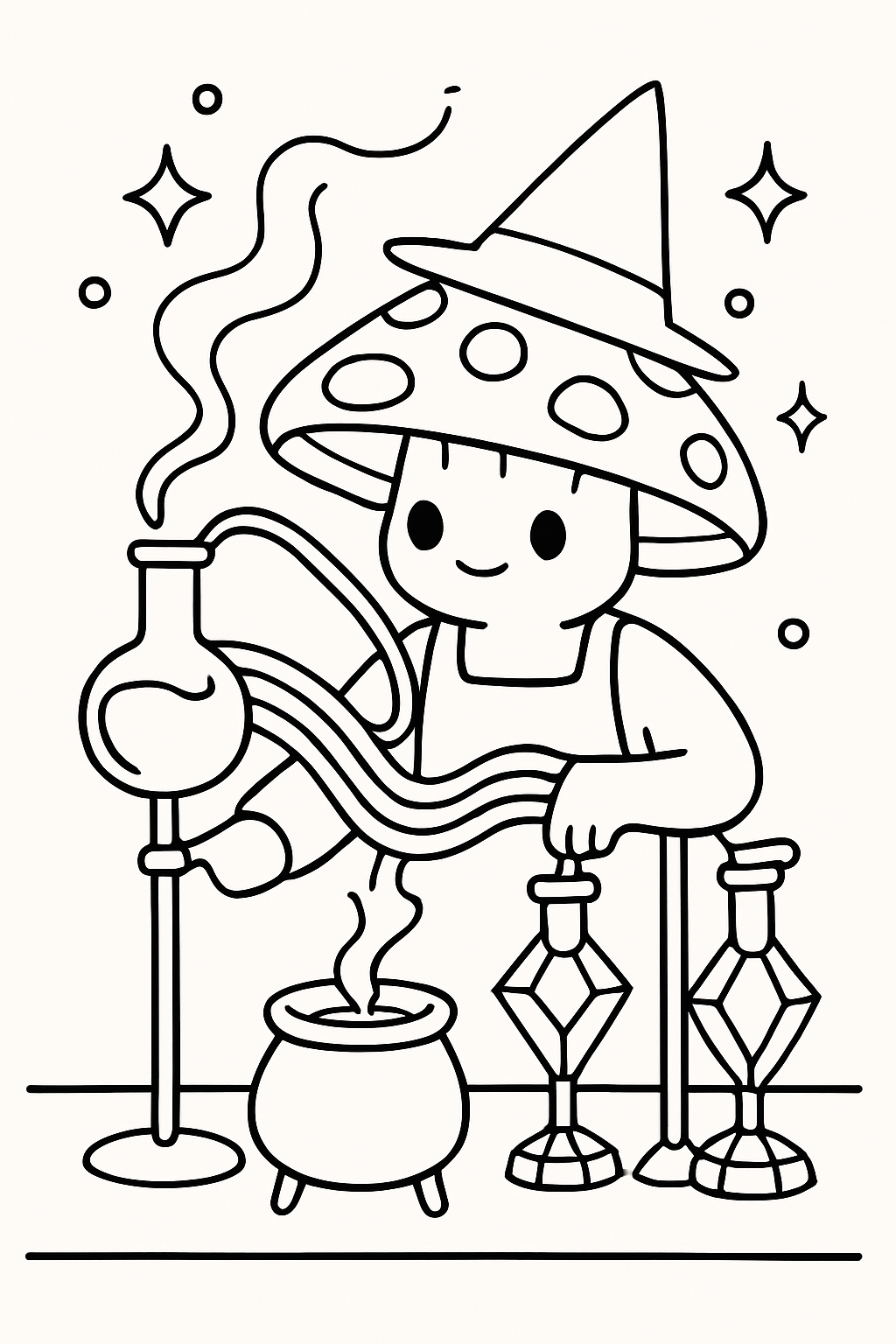 alchemist mushroom distilling rainbows in crystal flasks