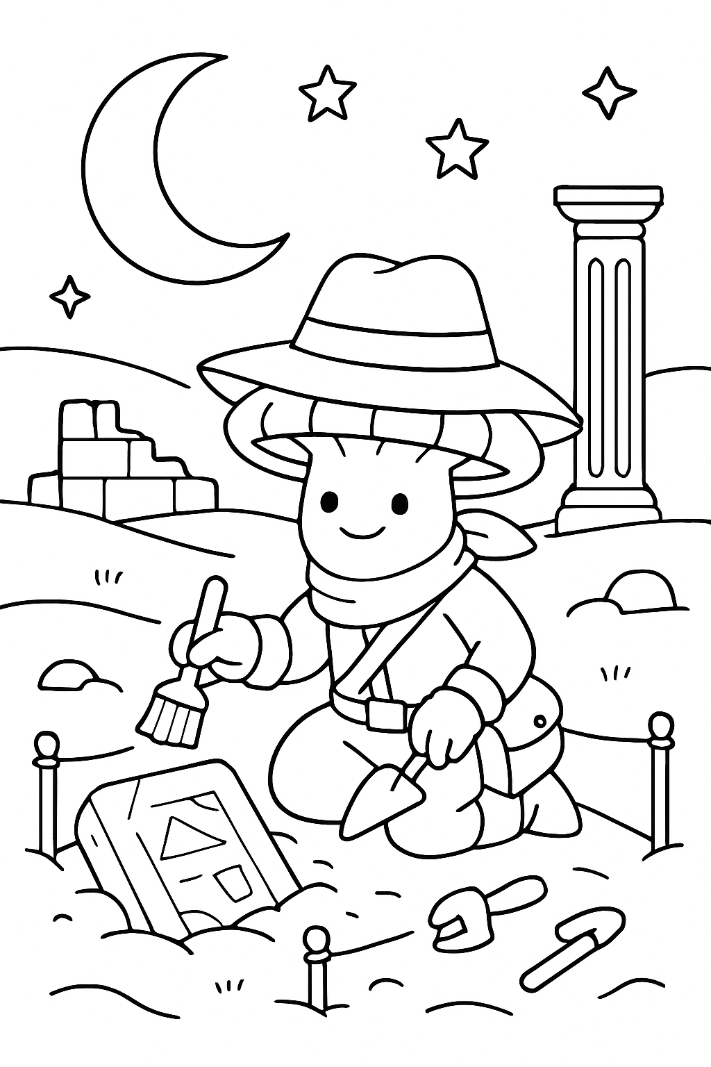 archaeologist mushroom uncovering ruins beneath desert moon