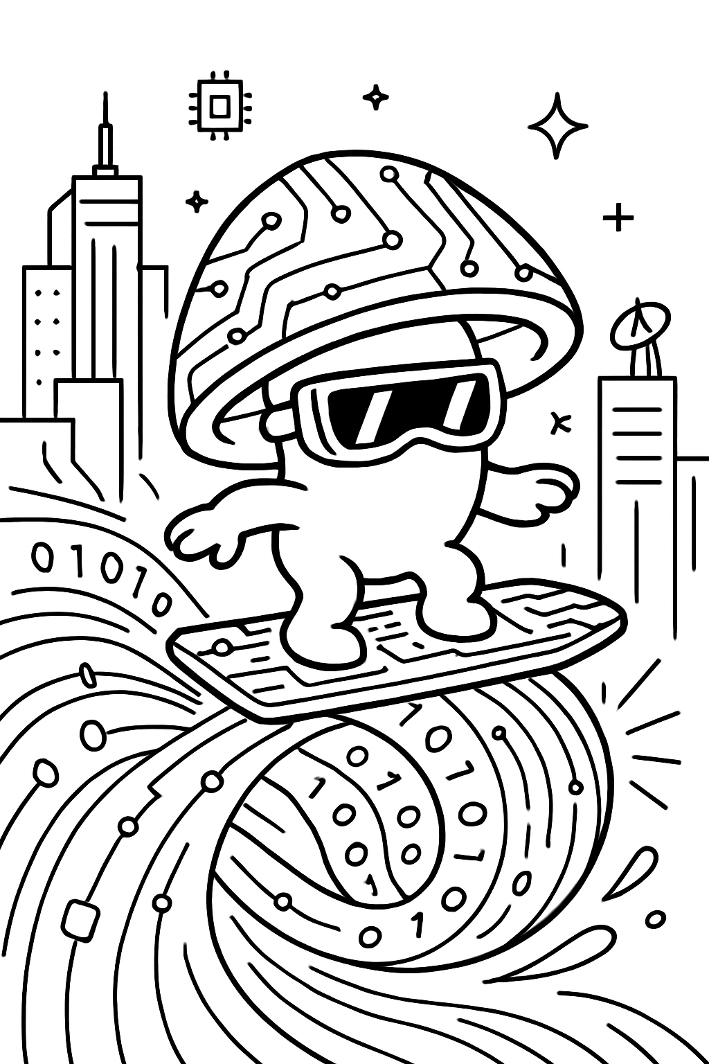 cyberpunk mushroom surfing neon data through skyline