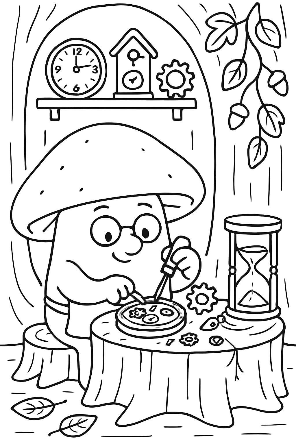 clockmaker mushroom repairing time in forest workshop