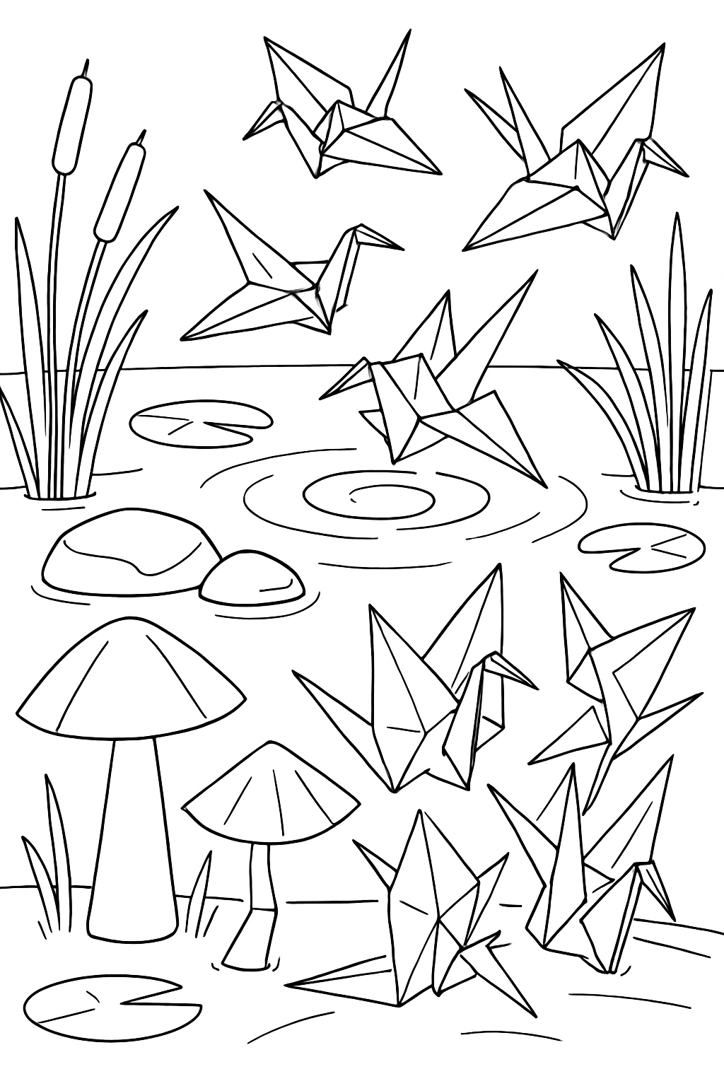 origami mushroom unfolding cranes over tranquil pond