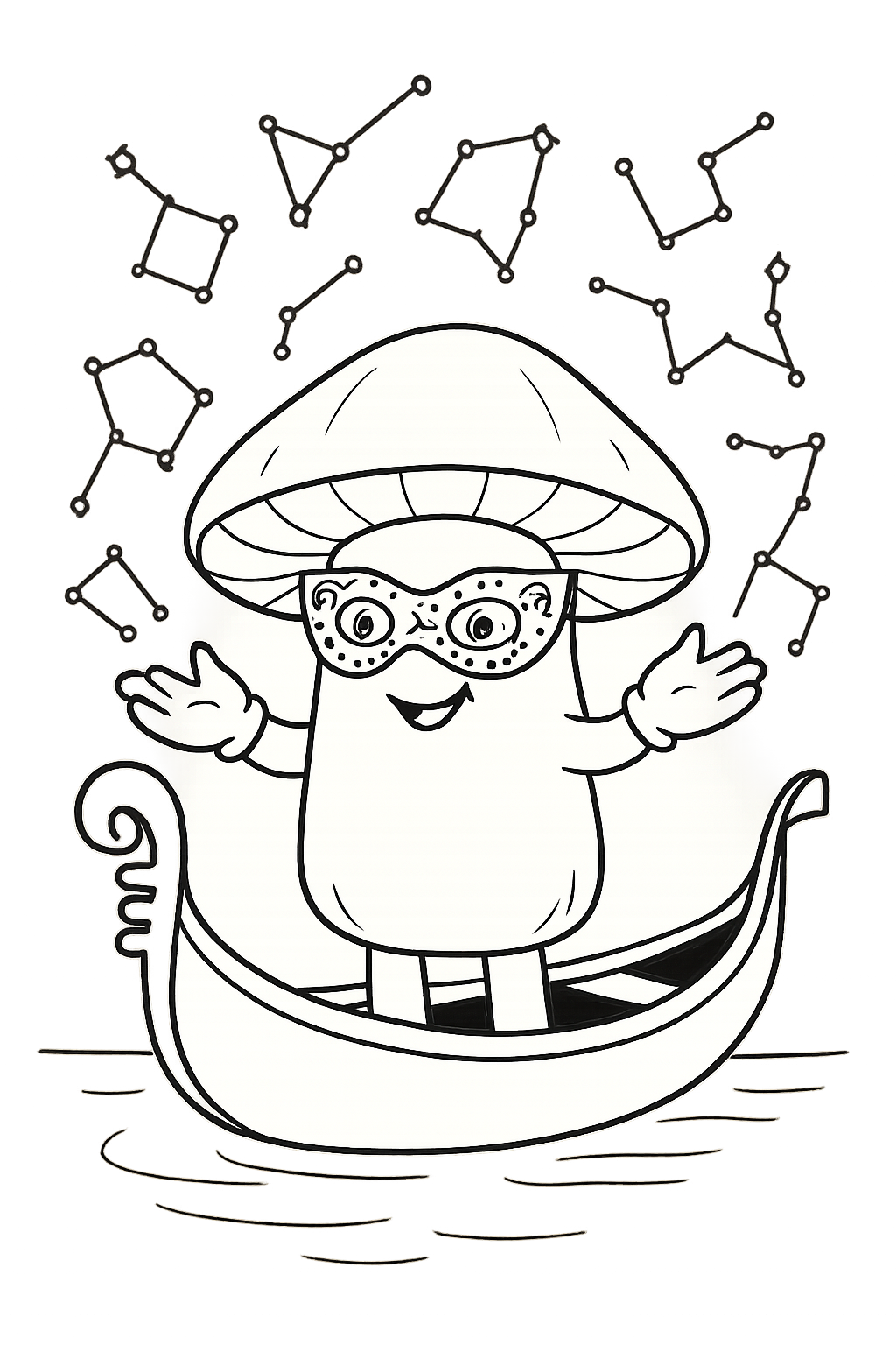 masked carnival mushroom juggling constellations in gondola
