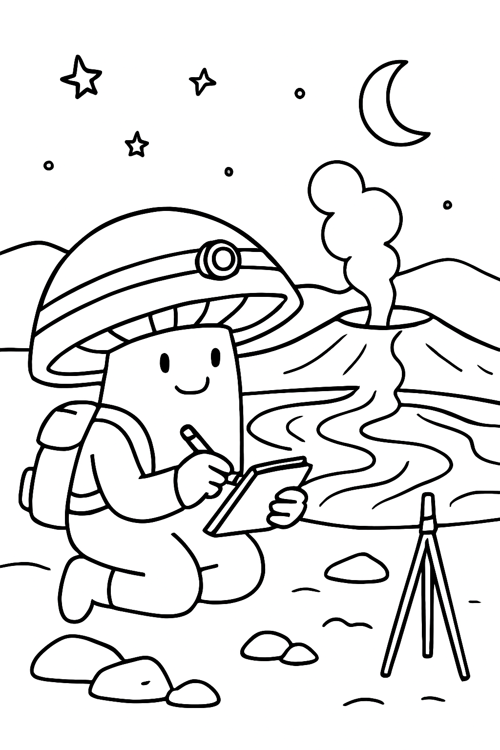 volcanologist mushroom sketching lava at twilight caldera