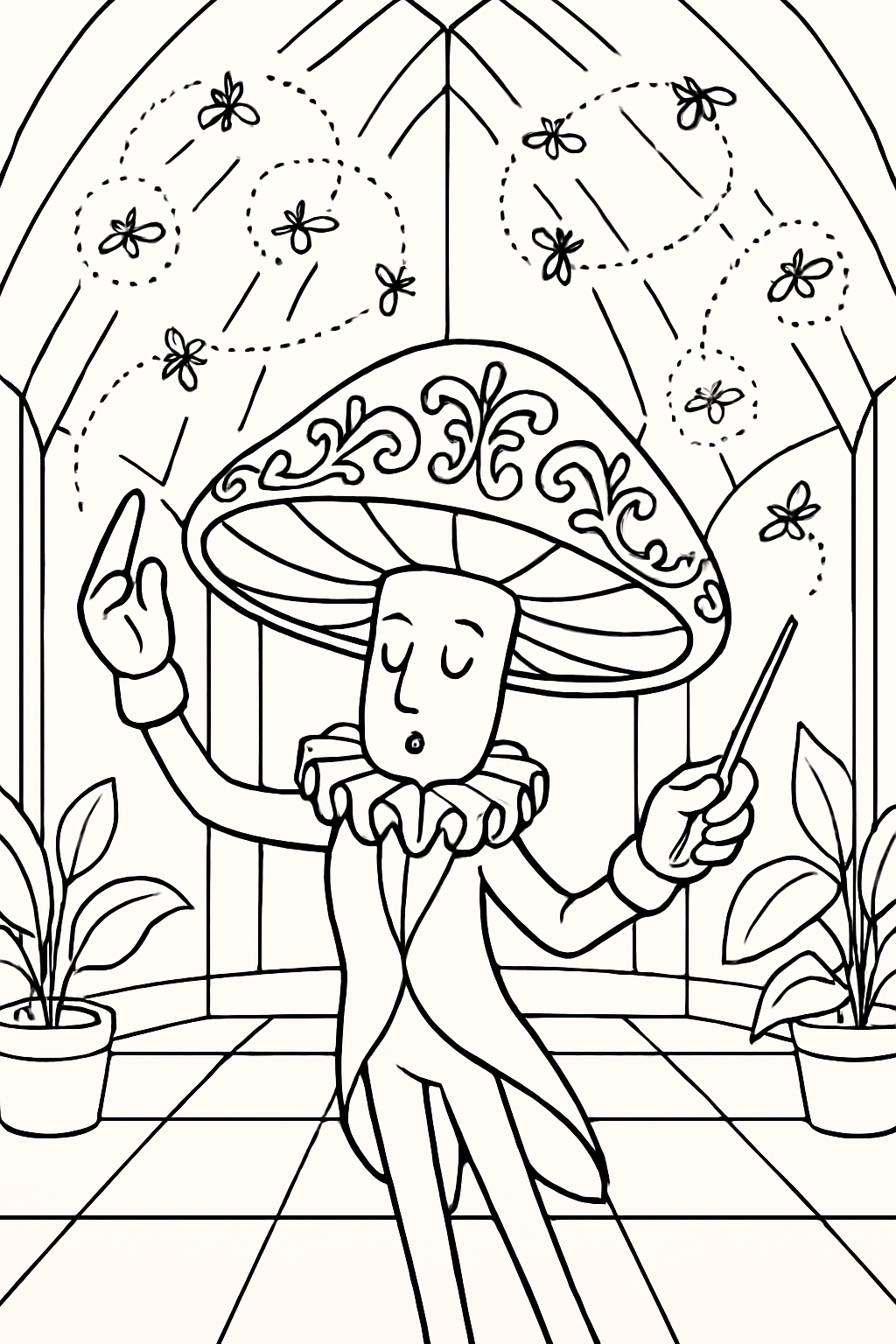 baroque mushroom choreographing fireflies inside crystal conservatory