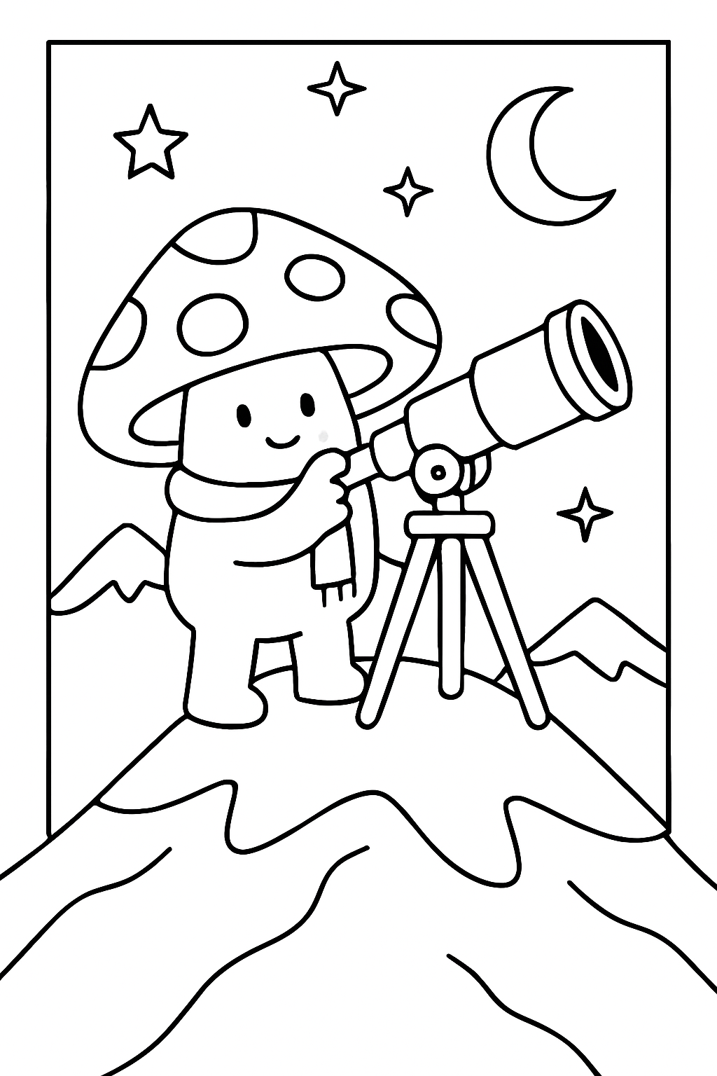 astronomer mushroom calibrating telescope atop snow peak