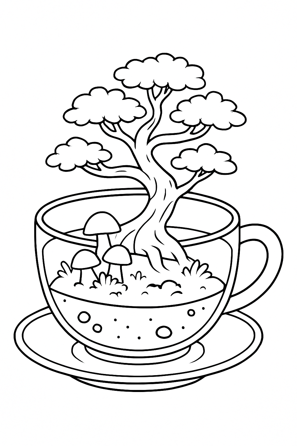 botanical mushroom cultivating bonsai inside teacup terrarium