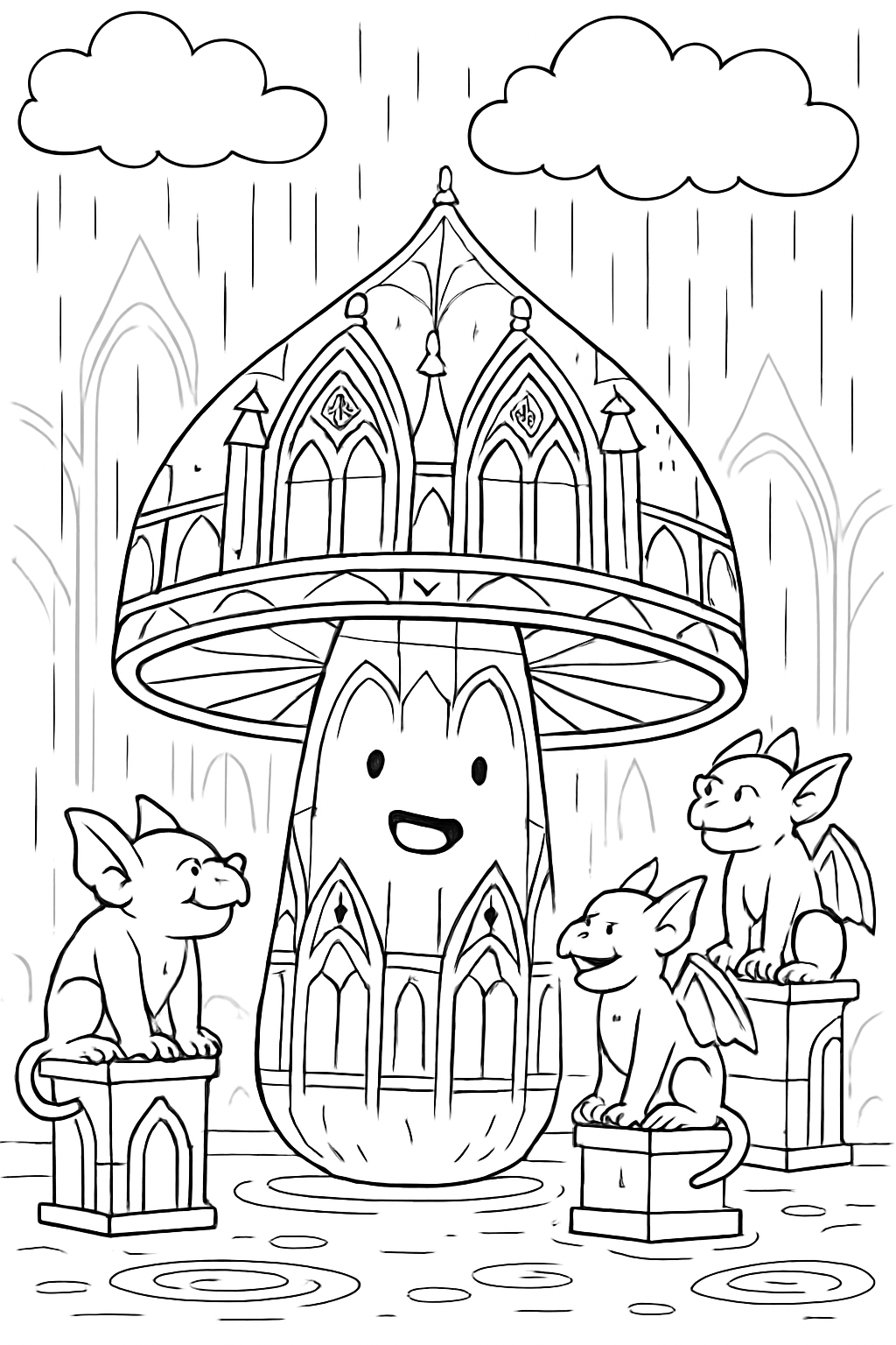 gothic mushroom conversing with gargoyles under downpour