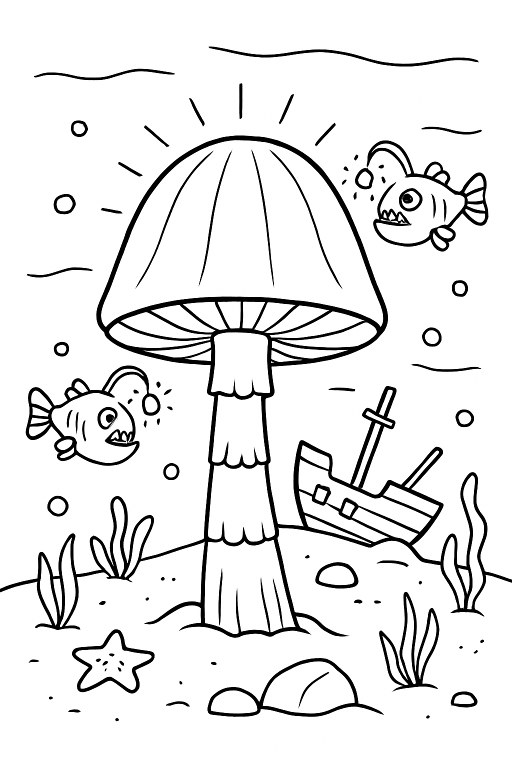 deep-sea mushroom illuminating shipwreck with lantern fish